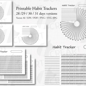 Rastreadores de hábitos cuadrados y circulares para imprimir. Rastreadores y planificadores de sueño y estado de ánimo. Gráficos de 28, 29, 30 y 31 días en color negro. Vectores y PNG