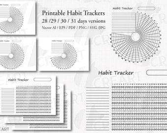 May include: Printable habit tracker templates in four different styles. The templates are designed for 28, 29, 30, and 31 days. The text "Printable Habit Trackers" is at the top of the image. The text "28/29/30/31 days versions" is below the title. The text "Vector AI/EPS/PDF/PNG/SVG/JPG" is below the version text.