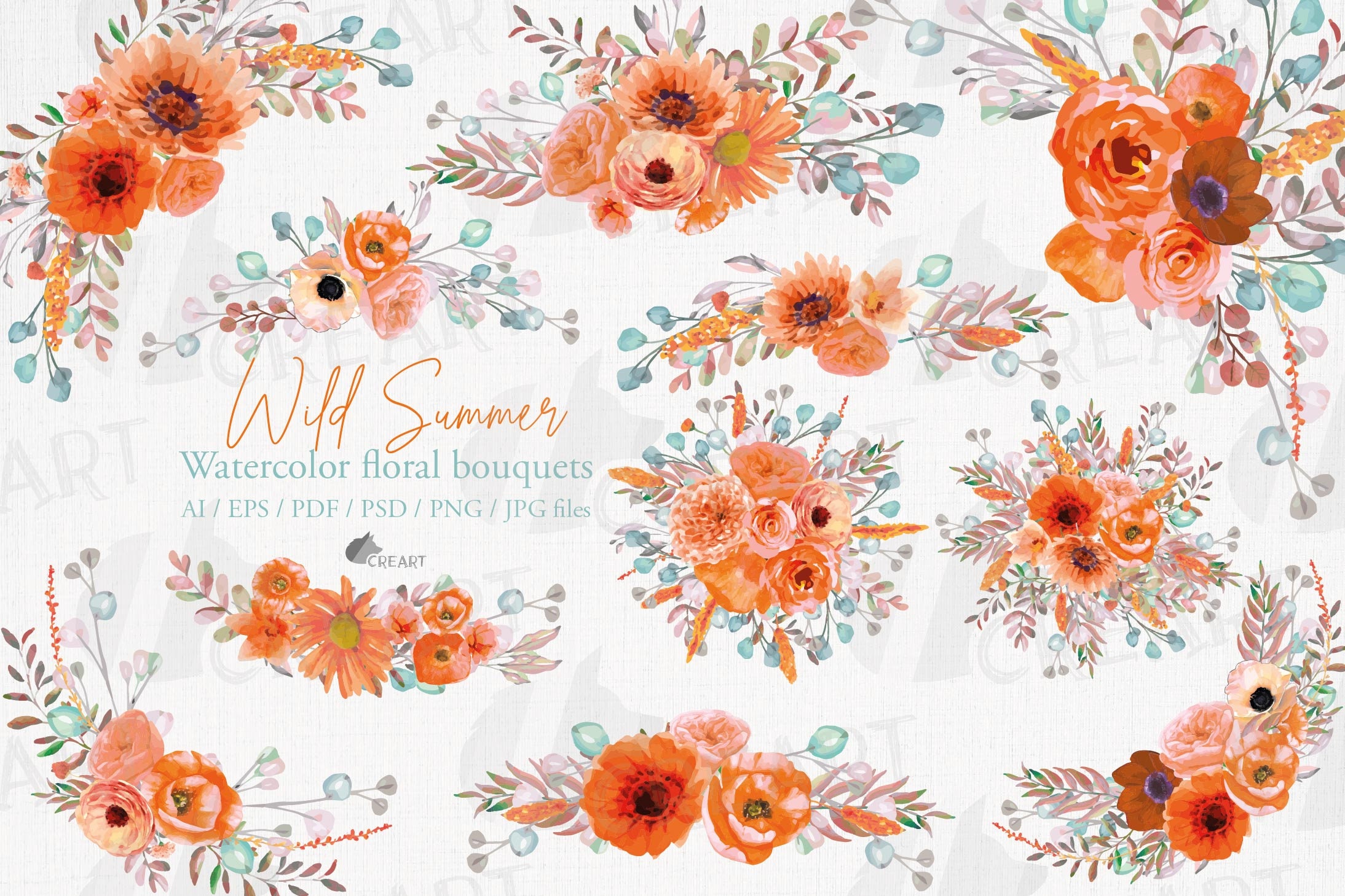 Wild Summer Orange Floral Bouquets Collection. Watercolor | Etsy