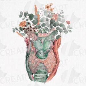 May include: Watercolor illustration of a human larynx with a bouquet of flowers growing from the top. The flowers are a mix of pink, white, and green.
