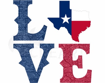 LOVE TEXAS clip art. Texas State vector design. Texas printable svg, eps, dxf, png, jpg files included. Texas patriotic wall decoration.