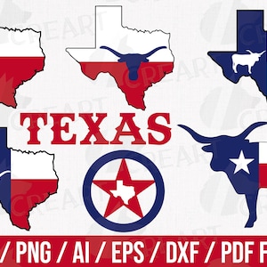 Mapa del estado de Texas con colección de imágenes prediseñadas de símbolos de bandera. Bandera de ganado de cuernos largos, gráfico de Texas Bevo. Incluye archivos AI, EPS, SVG, PNG y PDF.