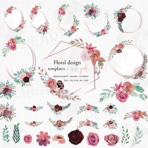Blush, burgunder und roségold Blumensträuße Clipart. Vorgefertigte Braut- und Hochzeitseinladungskarten. Geometrische goldene Rahmen.