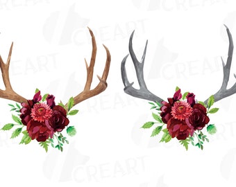 Watercolor Floral Deer Antler Clipart: Boho Tribal Vector (Digital Files)