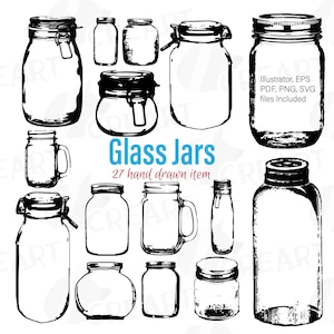 May include: A set of 27 hand-drawn black and white illustrations of glass jars in various shapes and sizes. The text "Glass Jars" and "27 hand drawn item" is included in the image.