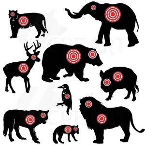 Paquete de imágenes prediseñadas de siluetas de animales para disparar al blanco con 10 siluetas vectoriales diferentes para imprimir y crear objetivos. png, jpg, eps, dxf