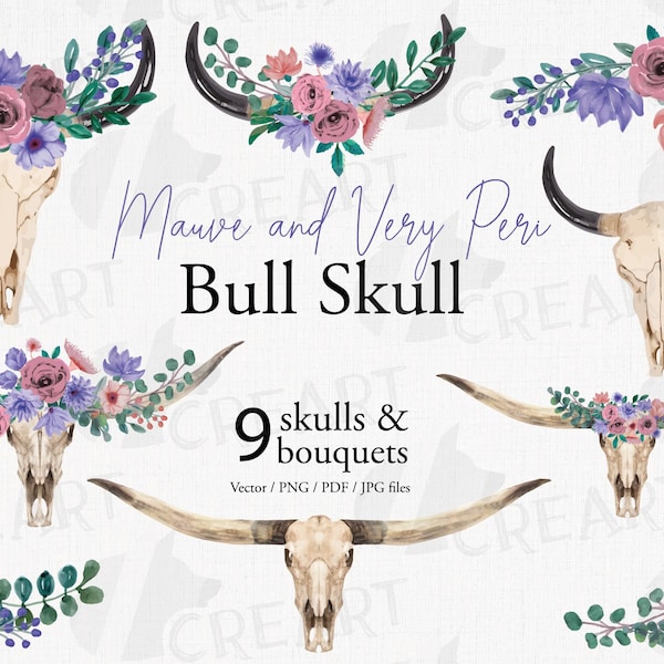 Mauve and very peri floral bull skull and flowers bouquets. Bohemian bull skull graphic design template. Long horn bull skull, lavender tone