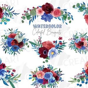 Coloré bleu et rouge bordeaux floral bouquets de mariage aquarelle clip art. Faire-part de fleurs de mariée. Éléments de décoration de mariage fiesta.