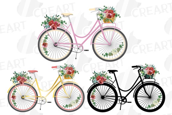 Download Clip Art Floral Bicycles Clip Art Pack Vector Pink And Burgundy Red Vintage Bike Decor Jpg Svg Boho Bicycle Cycling Wedding Png Floral Bouquet Art Collectibles