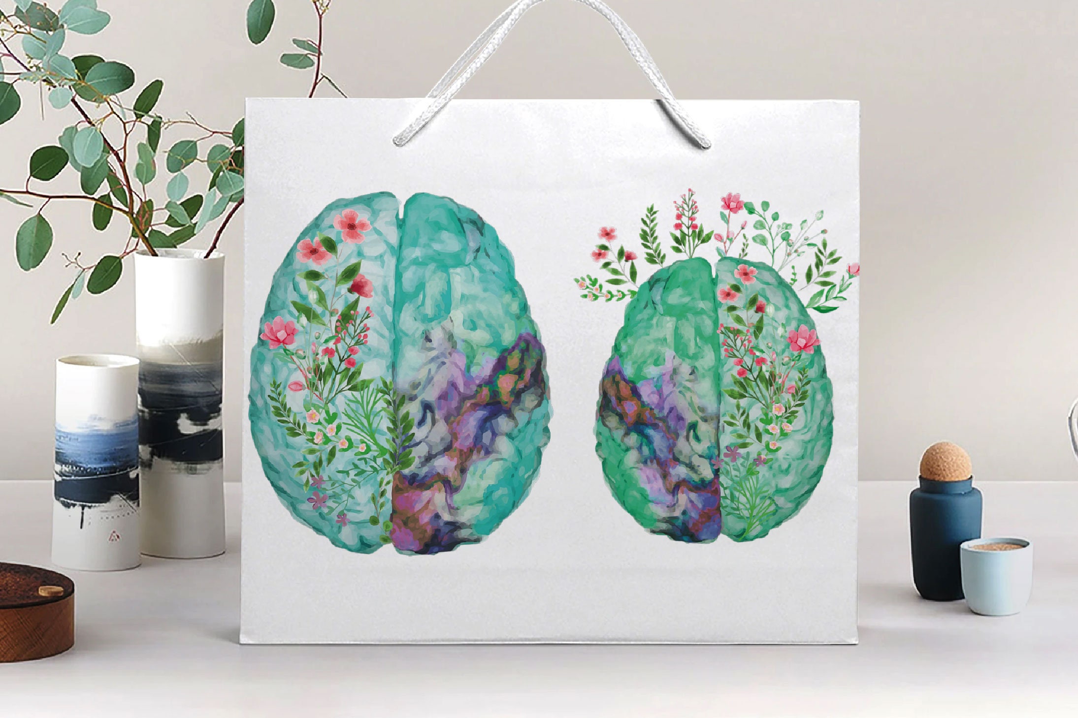 Floral Brain Clip Art: Watercolor Anatomical Brain Graphic (PNG, JPG ...