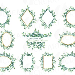 Eukalyptusrahmen Aquarell Clip Art Pack. Eukalyptus Blätter Design Bordüren. Goldene florale Brautrahmen png. Hochzeitsgrün-Grafikpaket.