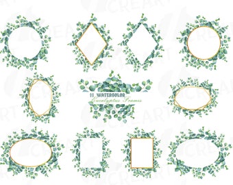 Watercolor Eucalyptus Frames: Gold Floral Bridal Design (PNG, SVG, EPS)