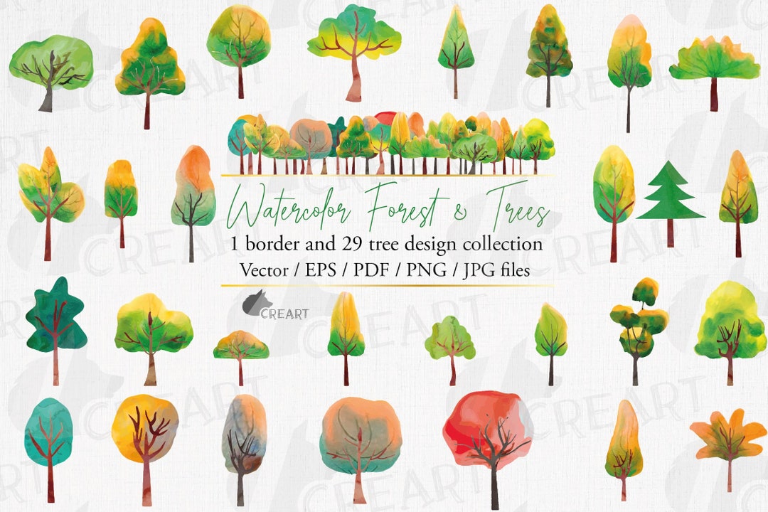 Watercolor Forest Tree Clip Art. Woodland Colourful Trees Home Decor