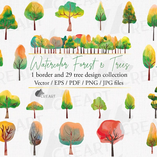 Watercolor forest tree clip art. Woodland colourful trees home decor. Forest wedding invitation template. Gift ideas for park rangers.