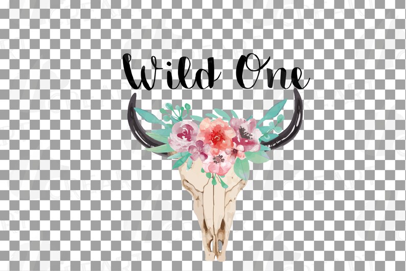May include: A watercolour illustration of a cow skull with black horns, decorated with a floral arrangement of pink, peach, and green flowers. The text "Wild One" is written above the skull in black script.