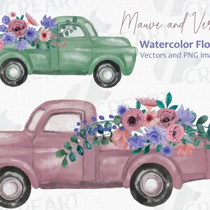 Watercolor Floral Truck Clipart: Mauve & Lavender Pickups (PNG, JPG, SVG, Ai)