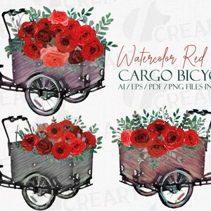 Rose rosse floreali cargo bikes negozio di fiori decorazione. Bouquet floreale con cargo bakfiets, ciclismo stampabile San Valentino, casa e decorazione da parete clipart