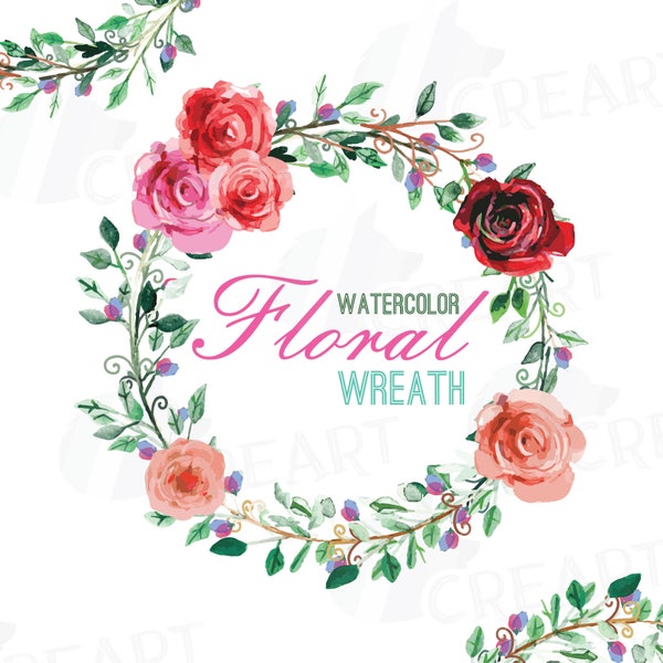 Floral wreath clip art, watercolor wreath with flowers, valentine clip art pack, valentine png, jpg, svg, vector files included