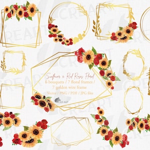 Aquarell Sonnenblumen und rote Rosen Braut Vorlagen. Vorgefertigte Hochzeitseinladungssträuße. Geometrische goldene Blumenrahmen & Blumensträuße Clipart