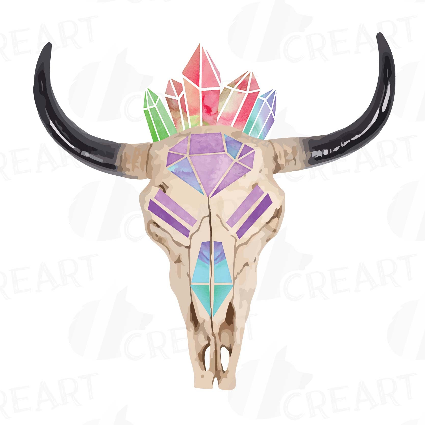 Colorful skull printable wall art Skull bull digital decoration Watercolor crystal bull skull Indian tribal clip art vector and png files