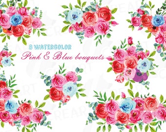 Boho pink and blue watercolor wedding bouquets, floral bouquets clip art, pink and blue flowers with green leaves, wedding clip art