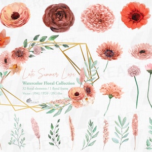 Spätsommer-Liebeskoralle und blush rosa florale Elemente Sammlung. Aquarell vorgefertigte Hochzeitseinladungs-Vorlagen. Geometrischer goldener Rahmen.