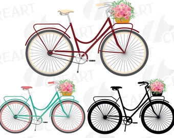 Floral Bicycle Clip Art: Vintage Bike with Bouquet (PNG, JPG, SVG)