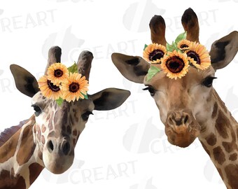 Watercolor Giraffe Sunflower Crown Clipart: Baby Shower Graphics (Digital Files)