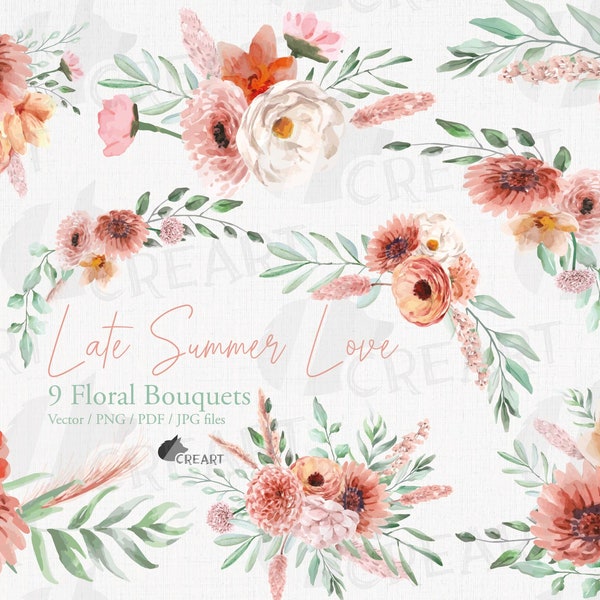 Late Summer Love coral and blush pink floral wedding bouquets. Watercolor pre-made invitation bouquets. Flowers and leaves home decoration.