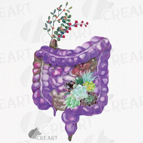 Floral anatomical intestines decor. Watercolor blooming human intestine. Gastroenterologist med student gift. Digestive system clip art