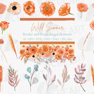 Wild Summer orange floral Dekor Elemente Sammlung. Aquarell Hochzeitseinladungsvorlage. Handgezeichnete florale Borte, Blatt Clipart