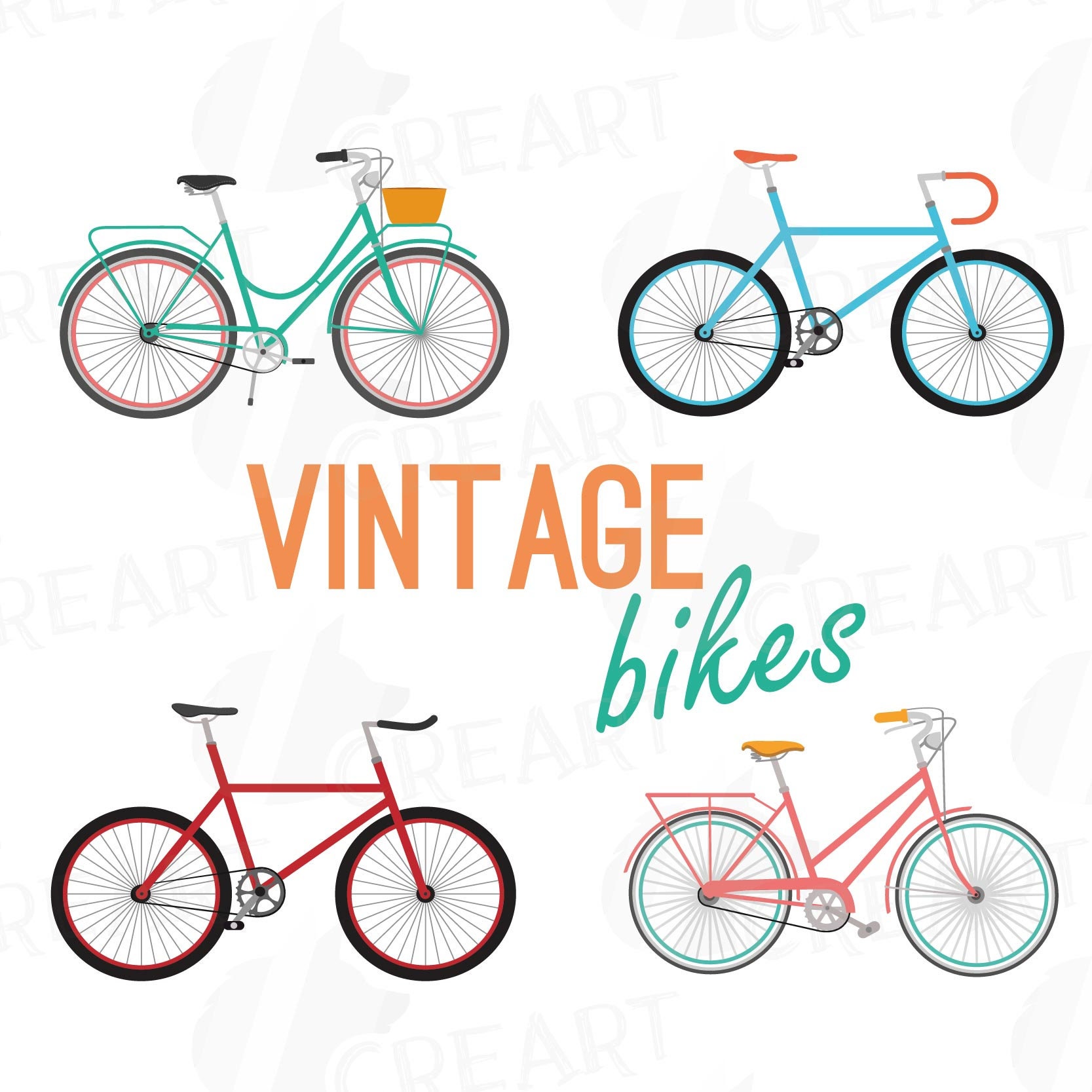 Colorful Bicycles Clip Art Pack Vintage Bikes Collection. - Etsy