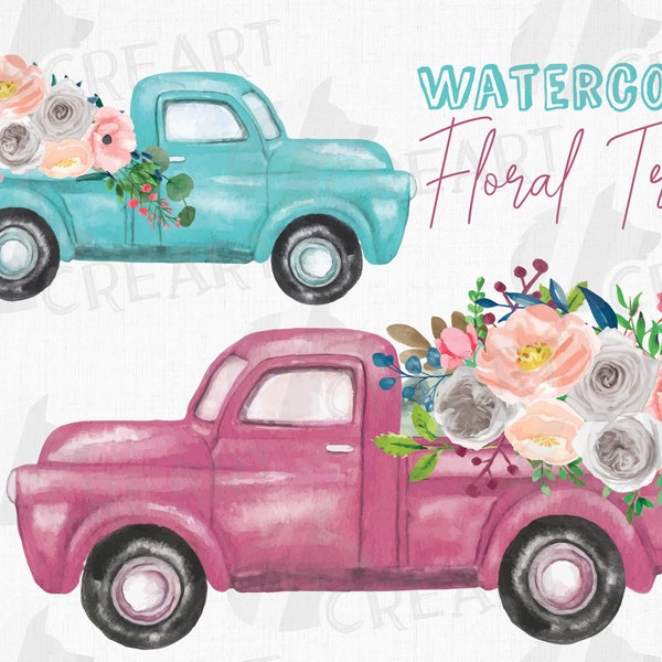 Floral old pickup truck with pink & white flowers clip art. Watercolor floral truck bridal and wedding decoration. Flowers and green leaves.