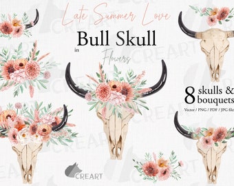 Late Summer Love watercolor bull skull with coral and blush pink floral bouquets design collection. Premade invitation, flowers home decor.