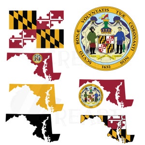 Collection de cliparts de carte de l'État du Maryland, drapeau, sceau, symboles. Fichiers AI, eps, svg, png et pdf inclus, fichier vectoriel, montage facile, silhouettes