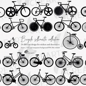 Clipart collection imprimable bicyclettes silhouette noire. Fichiers de découpe svg vintage, route, piste, bmx, VTT et grands routiers.