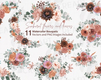Watercolor Sunburnt Flower Bouquets: Wedding Invitation Clipart (Digital Download)
