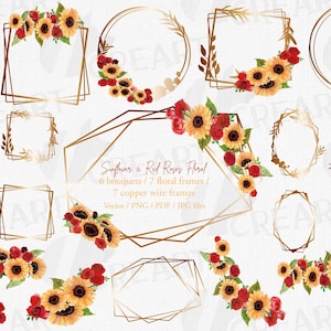 Modelos de girassóis em aquarela e rosas vermelhas para noivas. Buquês pré-fabricados para convites de casamento. Molduras florais em cobre geo e clipart de buquês.