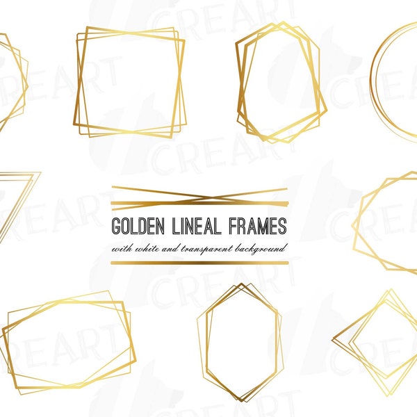 Elegant wedding geometric golden frames, lineal frames clip art, wedding invitation, polygonal frame, crystal frame, vector files included