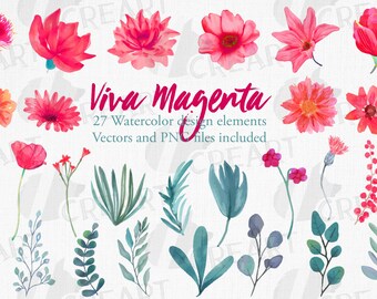 Viva magenta watercolor flowers with green leaves clipart. Floral branches for card and invitation and home decor design, wedding floral.