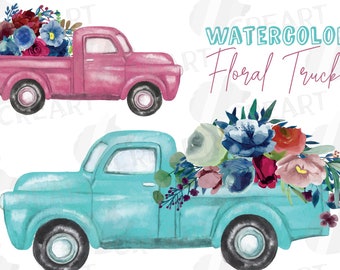 Printable floral pickup trucks decoration clip art. Watercolor flowers truck bridal and wedding png. Retro blush and mint blue pickup car.