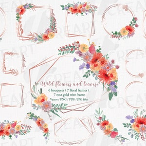 Cadres géométriques en fil d'or rose à l'aquarelle de fleurs sauvages. Graphique de mariage floral, été floral imprimable, éléments de décoration d'automne, modèles.