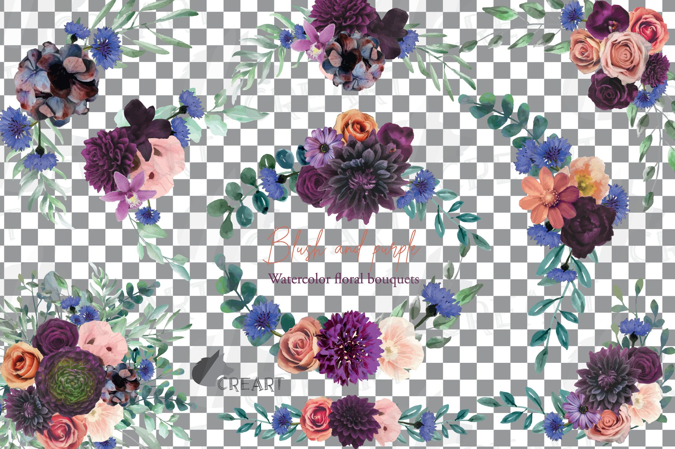 Pflaume lila erröten und blau Aquarell Sträuße ClipArt. | Etsy