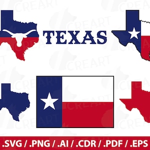 Collection de cartes, drapeaux et symboles de l'État du Texas.  Fichiers AI, eps, svg, png et pdf inclus, téléchargement immédiat, fichier vectoriel, montage facile