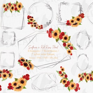 Modelli di girasoli e rose rosse per sposa ad acquerello. Bouquet di inviti di nozze preconfezionati. Cornici floreali geometriche in argento e clipart di bouquet