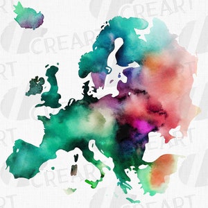 Aquarell Europa Landkarte, druckbare Europa Poster Grafik. Vektor, png jpg Dateien enthalten