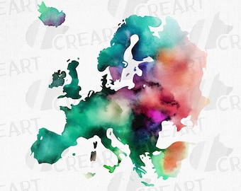 Watercolour Europe map clipart, Eu poster printable graphic. Vector, png jpg files included