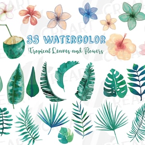 Tropical green leaves and exotic flowers watercolor clip art pack, watercolor tropical decoration, tropical wedding png, vectors included