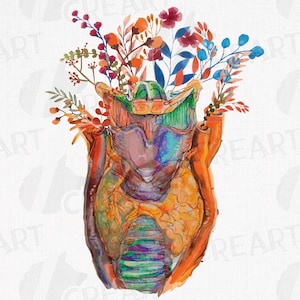 May include: A watercolor illustration of a human throat with a colorful floral arrangement growing from the top. The throat is depicted in anatomical detail, with the larynx, trachea, and esophagus visible. The flowers are a mix of red, orange, yellow, blue, and green.