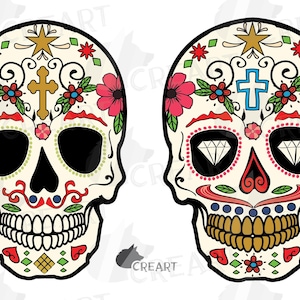 Zuckerschädel Clip Art. Mexikanische Schädelwandkunst. Floraler menschlicher Schädel Dekorationsgraphik. Shirt und Tasse png. Tag der Toten Totenkopf.